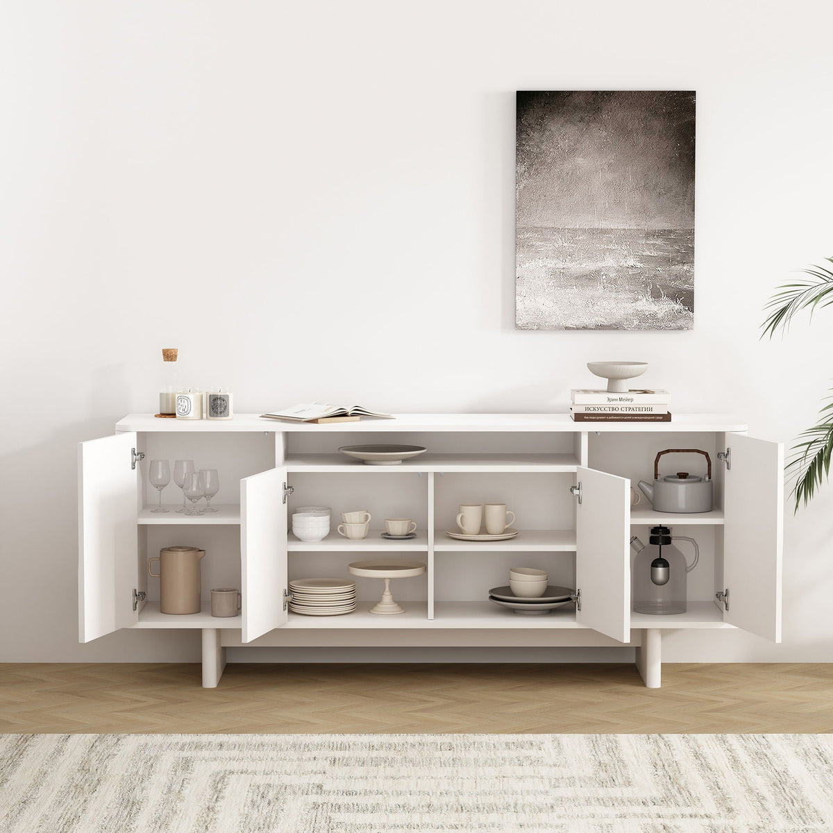 Sideboard With Adjustable Shelves and Soft Close Doors - White, Light Brown, Green