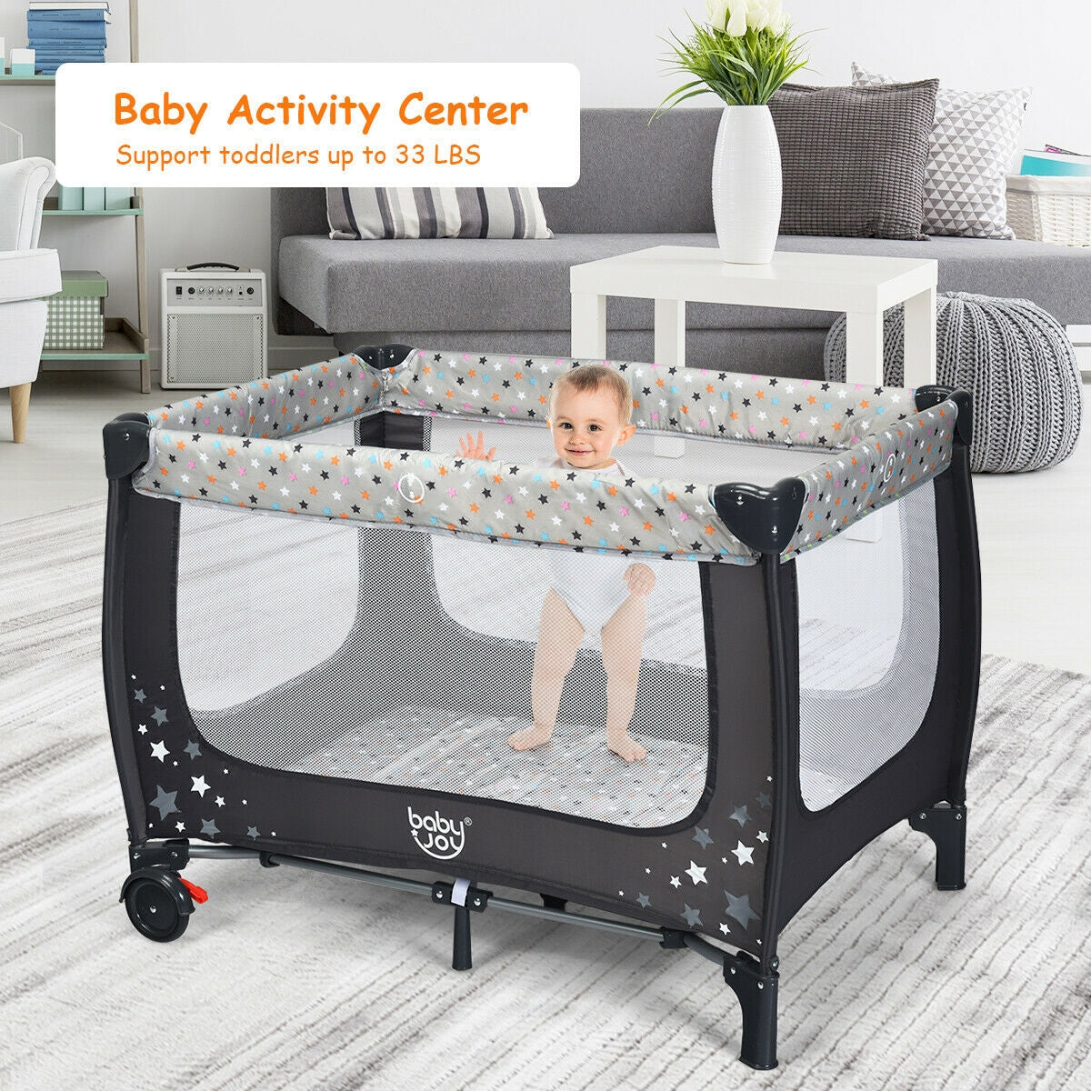 Portable Baby Playpen with Mattress Foldable Design-Gray