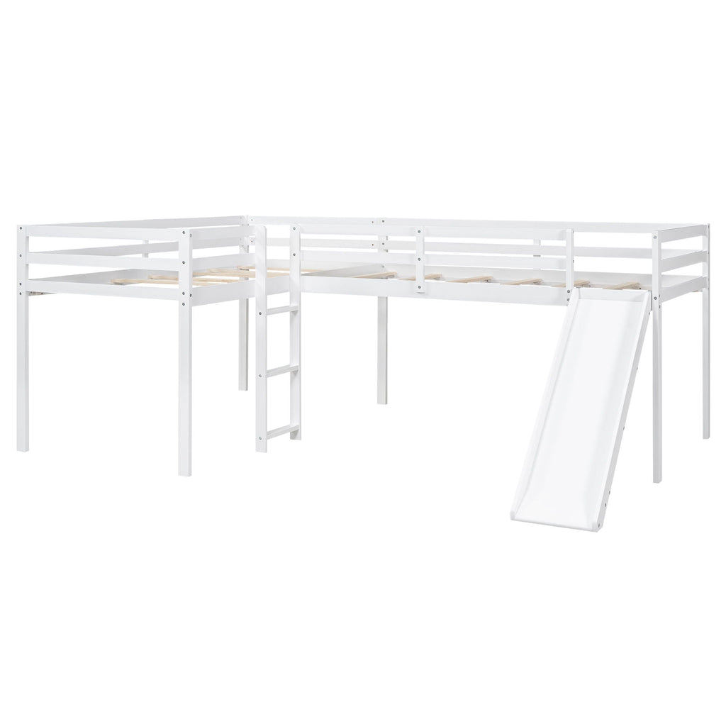 L Shaped Loft Bed with Slide and Ladder - Twin Size, Solid Wood - White or Dark Gray