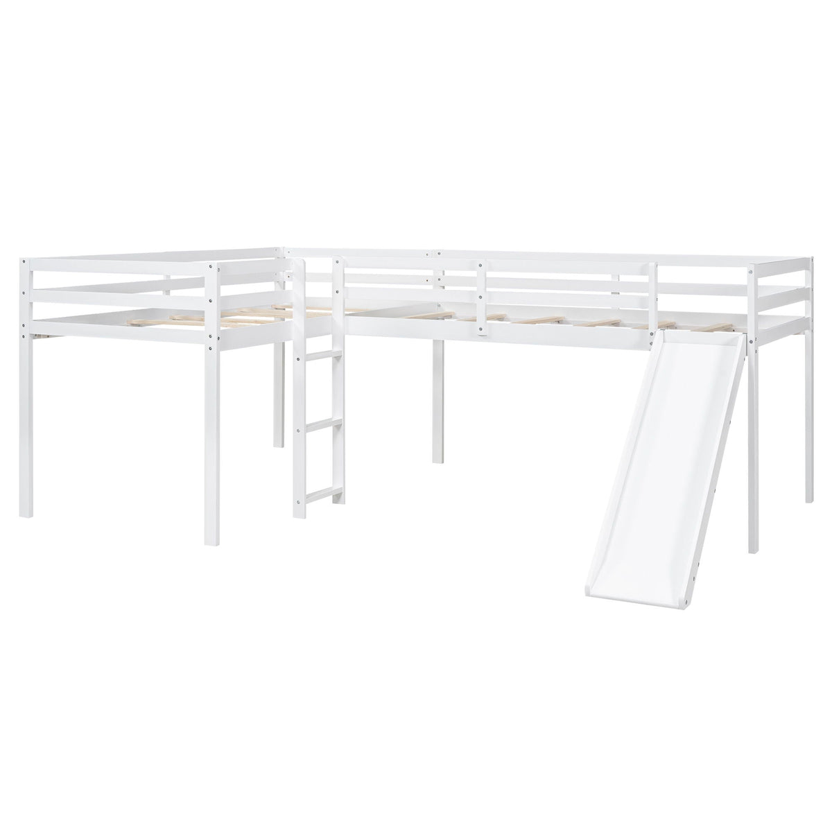 L Shaped Loft Bed with Slide and Ladder - Twin Size, Solid Wood - White or Dark Gray