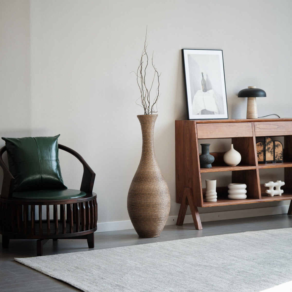 Tall Artificial Rattan Floor Vase with Artistic Design - Beige / Gray