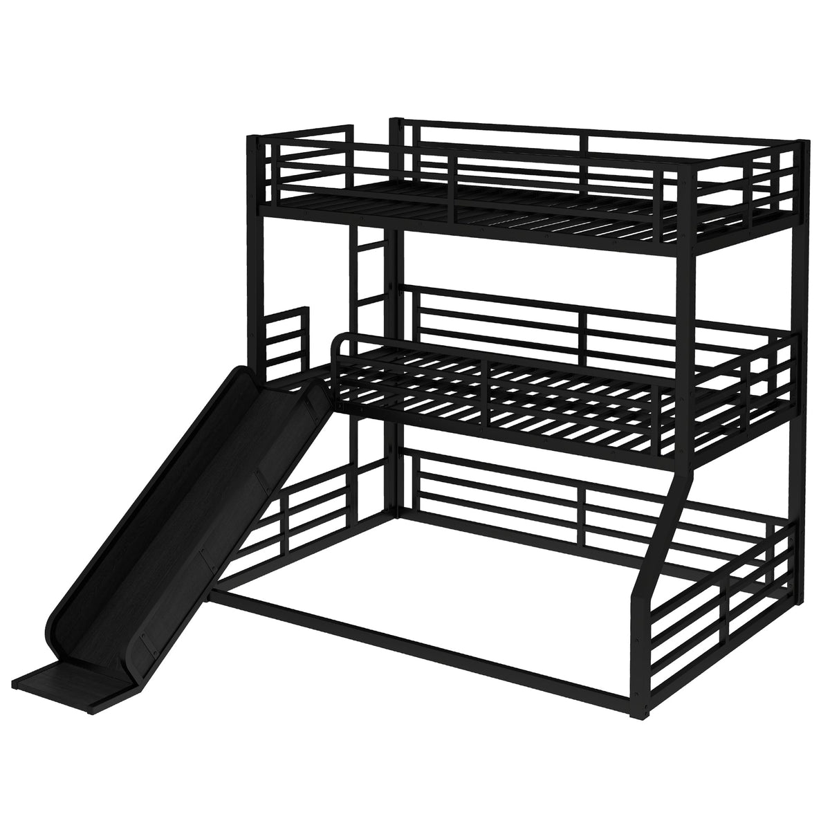 Twin Over Twin Over Full Bunk Bed with Slide - Metal Frame