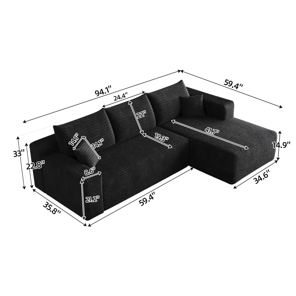 95" Cloud Sectional Sofa with Modern Minimalist Design - Black