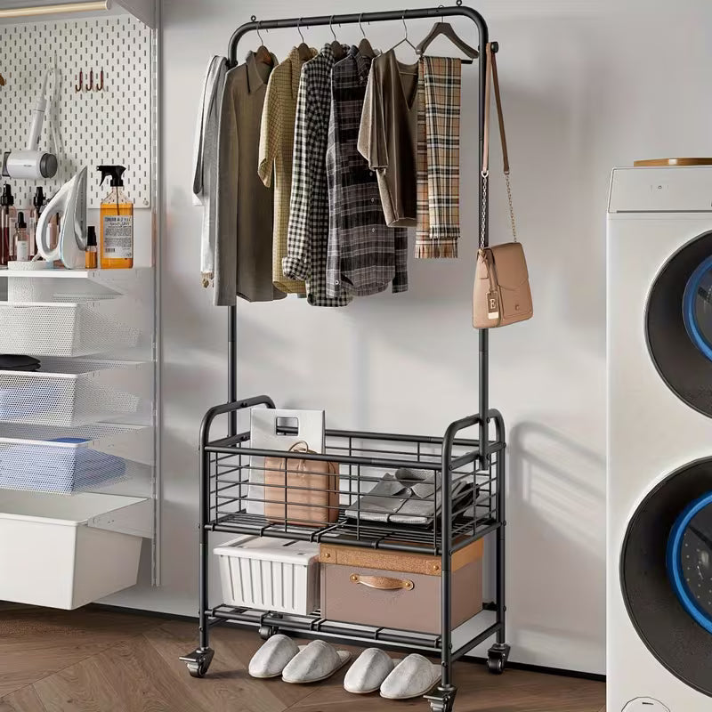 Rolling Laundry Sorter Cart with Hanging Rack and Shelf