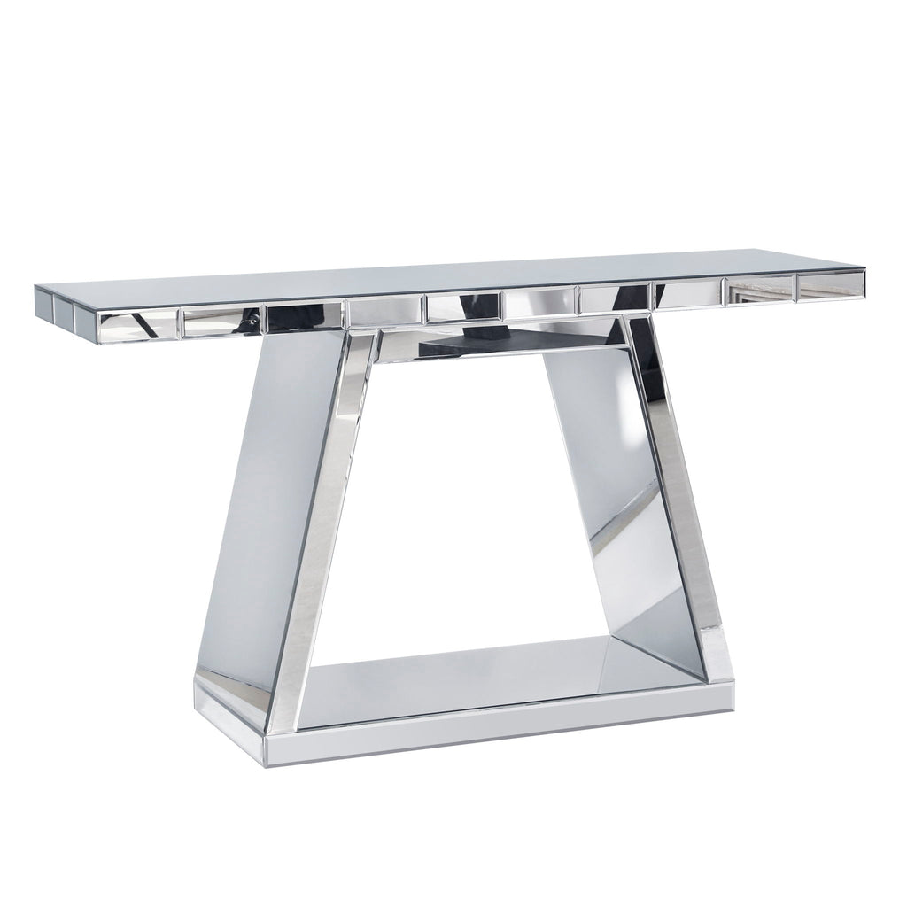 Full Body Mirror Console Table with 360° Reflective Surface and Trapezoid Base - Silver