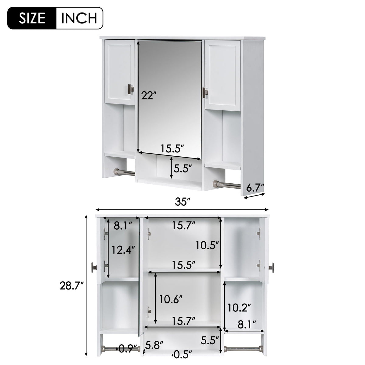 Wall Mounted Bathroom Storage Cabinet with Mirror and Towel Bar - Black, Dark Gray, or White