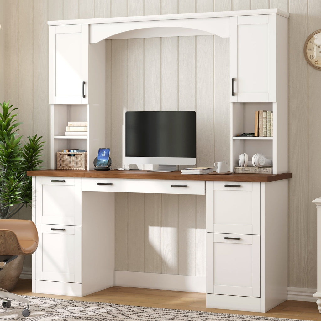 Farmhouse Arched Computer Desk with Hutch - White