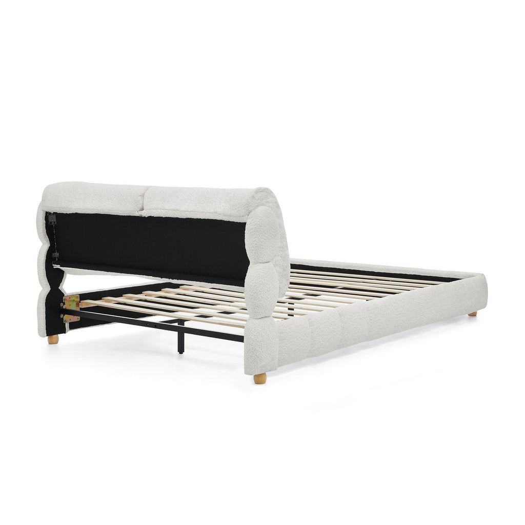 Platform Bed with Tufted Cloud Headboard and Solid Wood Legs - Beige