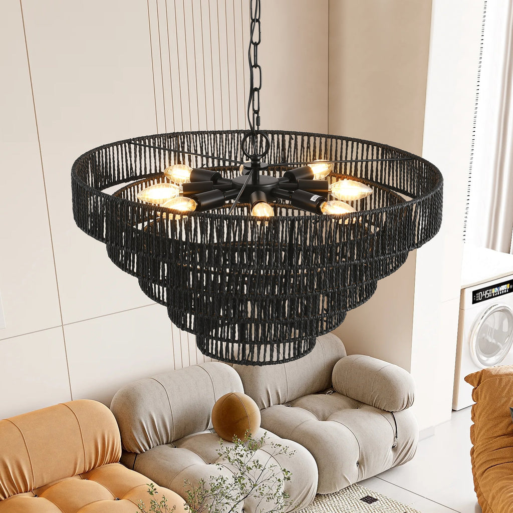 24' Rustic 5-Tier Black Hemp Rope Pendant Light Chandelier