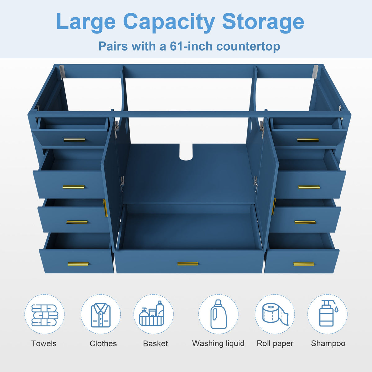 60" Bathroom Vanity Base Cabinet with Soft-Close Doors - Blue