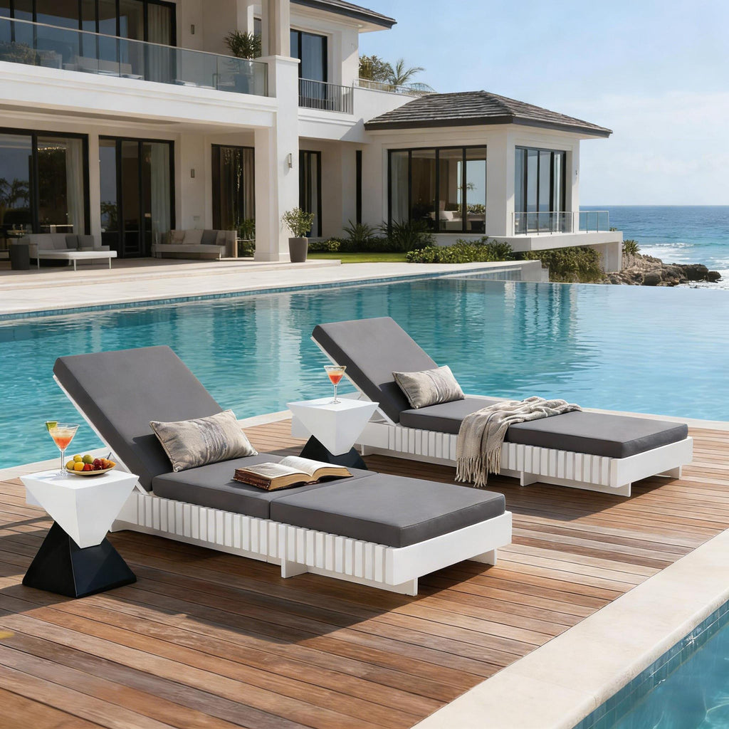 White Acacia Solid Wood Outdoor Chaise Lounge with Cushions - White