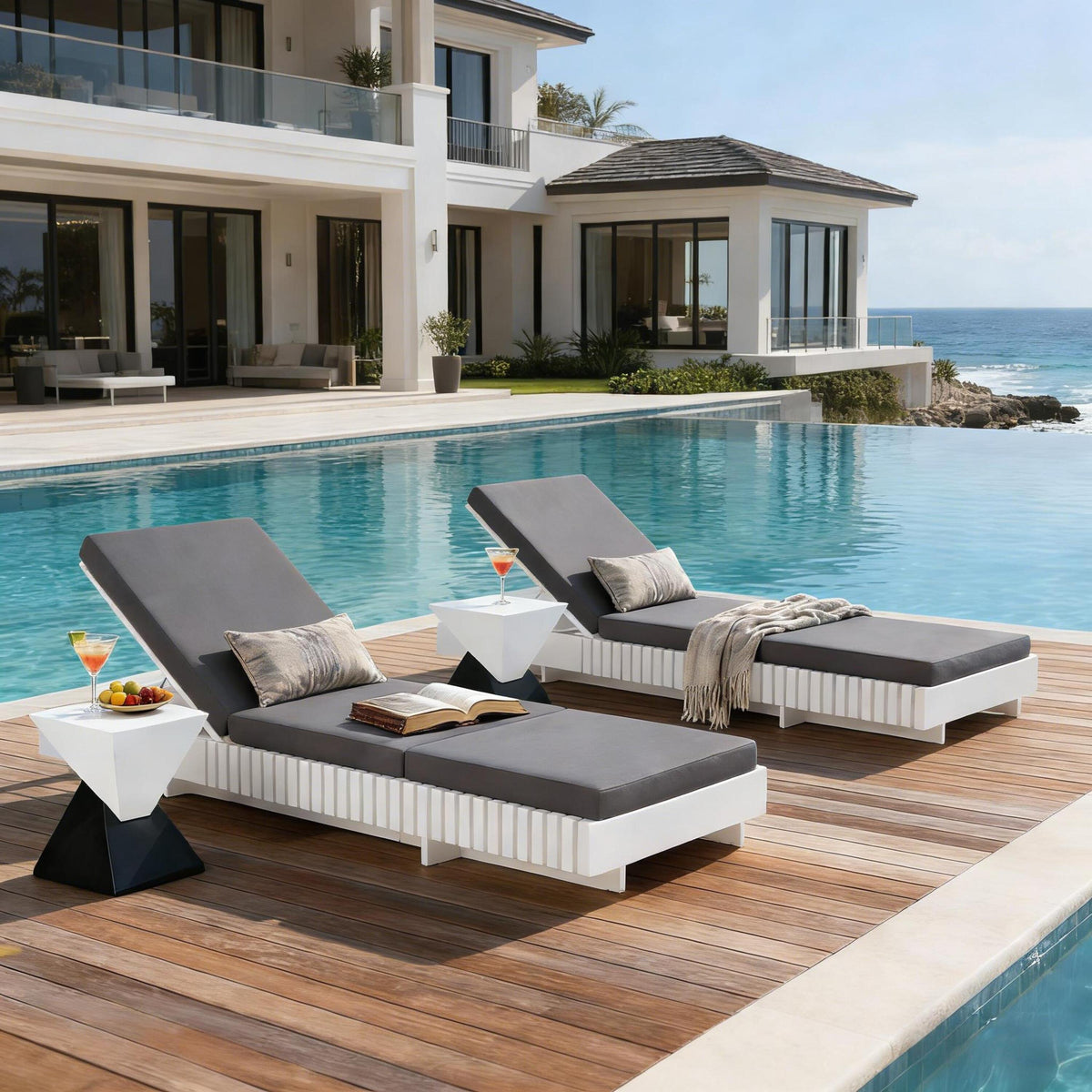 White Acacia Solid Wood Outdoor Chaise Lounge with Cushions - White