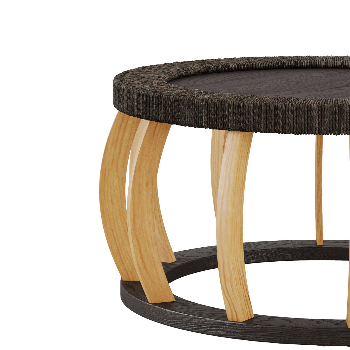 Vintage Rattan Solid Wood Round Coffee Table with Curved Legs - Natural