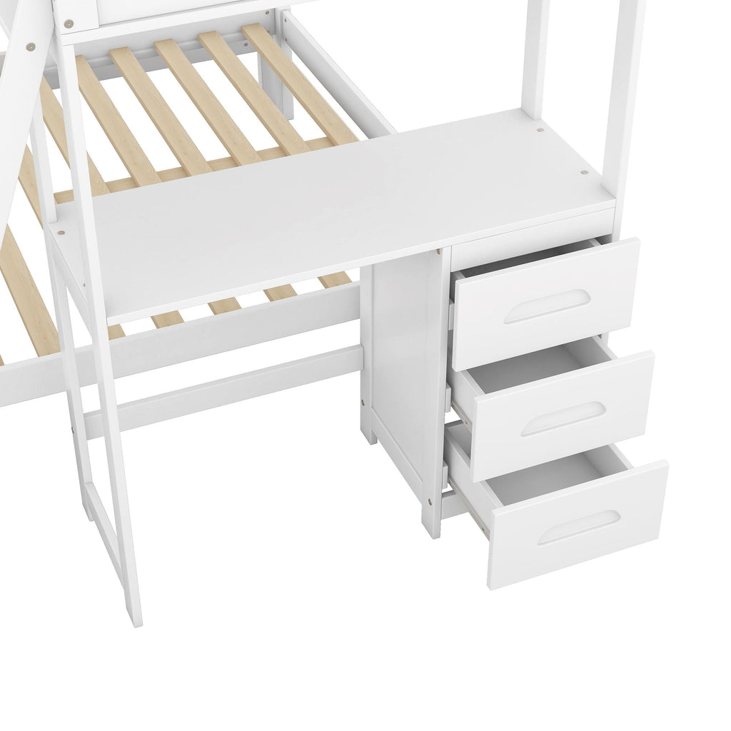 Bunk Bed with Built-In Desk and 3 Drawers - Twin over Full