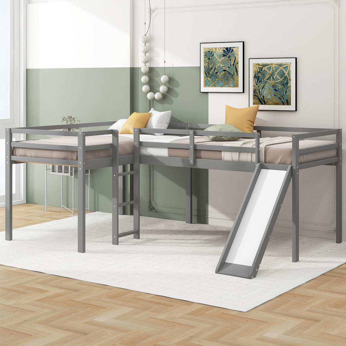 L Shaped Loft Bed with Slide and Ladder - Twin Size, Solid Wood - White or Dark Gray