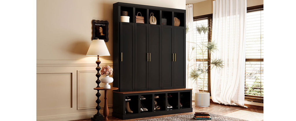 Farmhouse Entryway Storage Cabinet with Coat Closet - Black