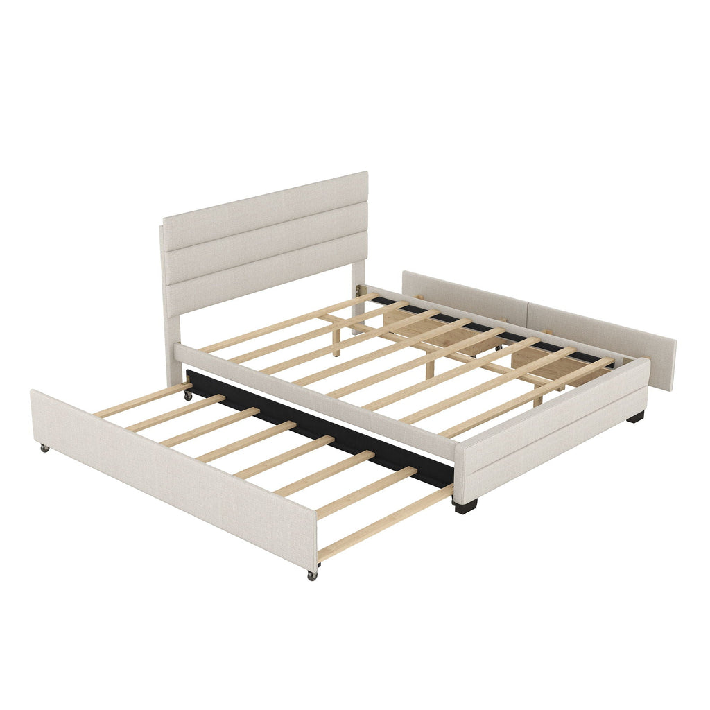 Queen Platform Bed With Twin Trundle And 2 Storage Drawers - Beige