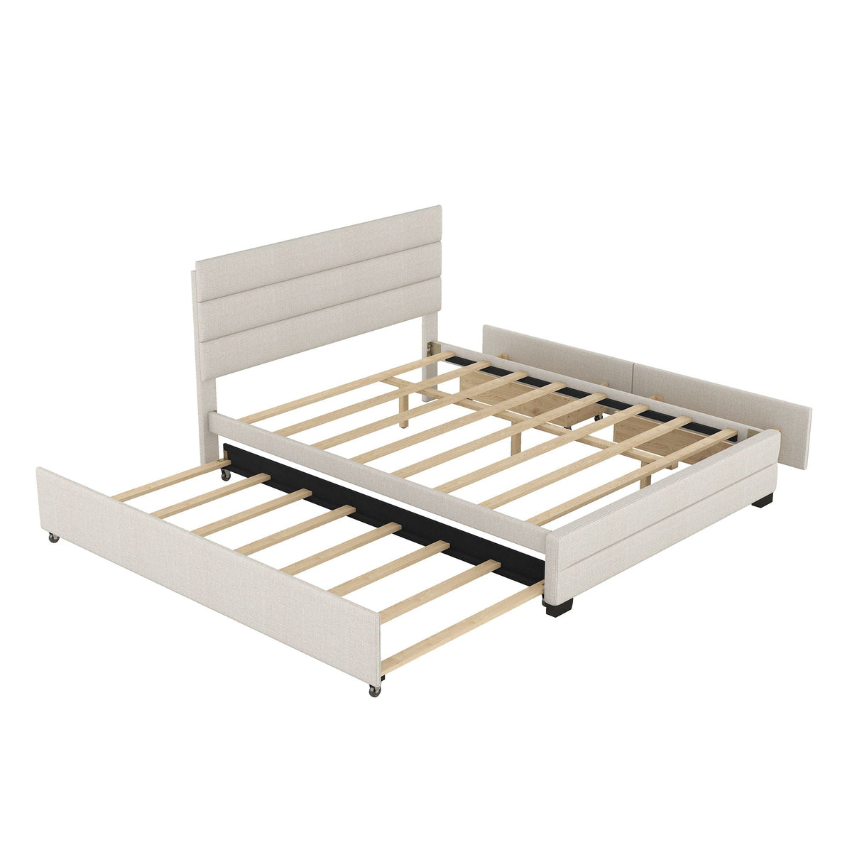Queen Platform Bed With Twin Trundle And 2 Storage Drawers - Beige