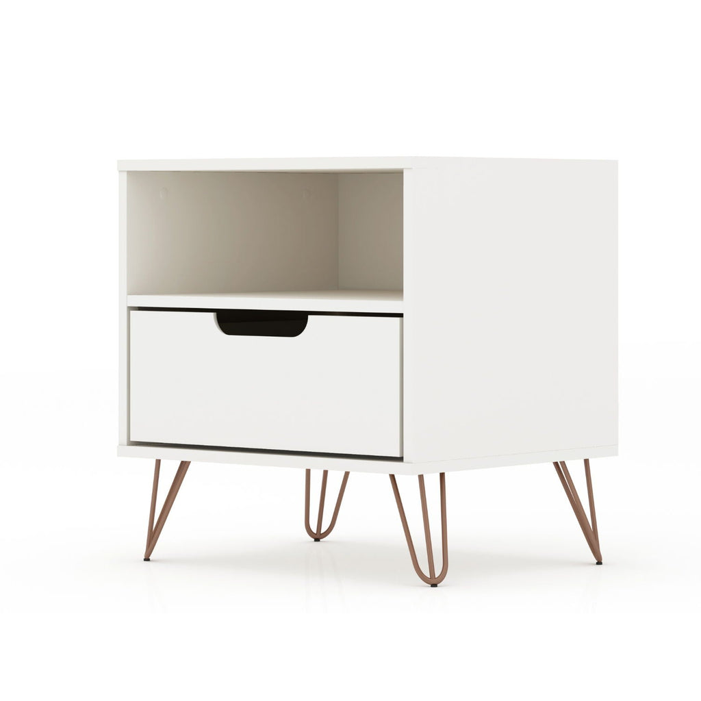 White Nightstand with 1 Drawer and Metal Legs - Rockefeller