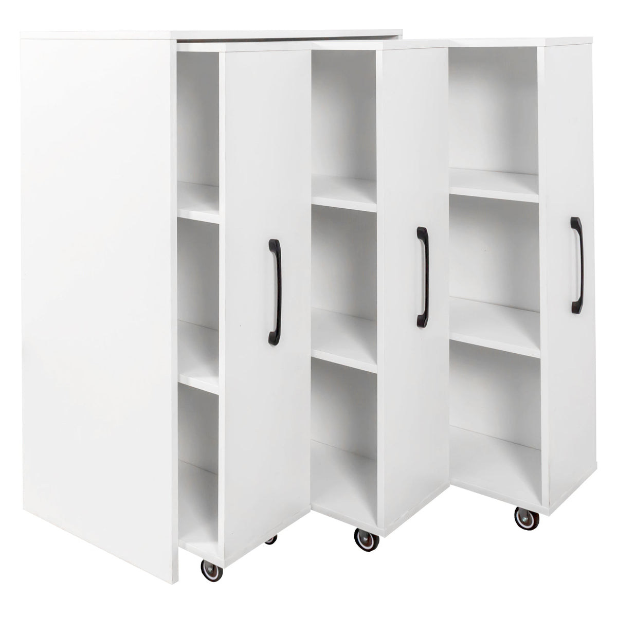 3 Tier Bookcase with Slide Out Doors and Wheels - White