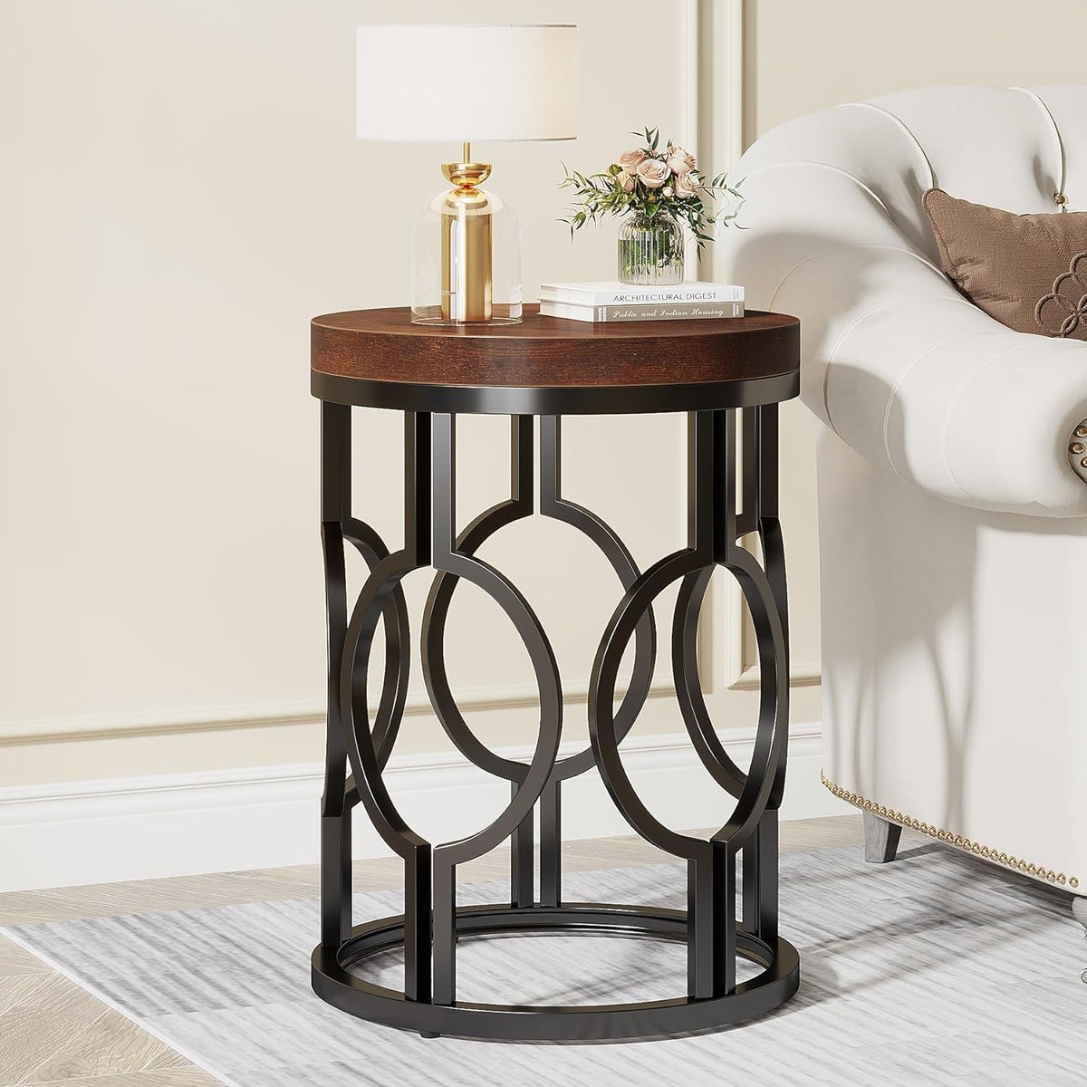 Round End Table Nightstand with Metal Frame - Brown / Black