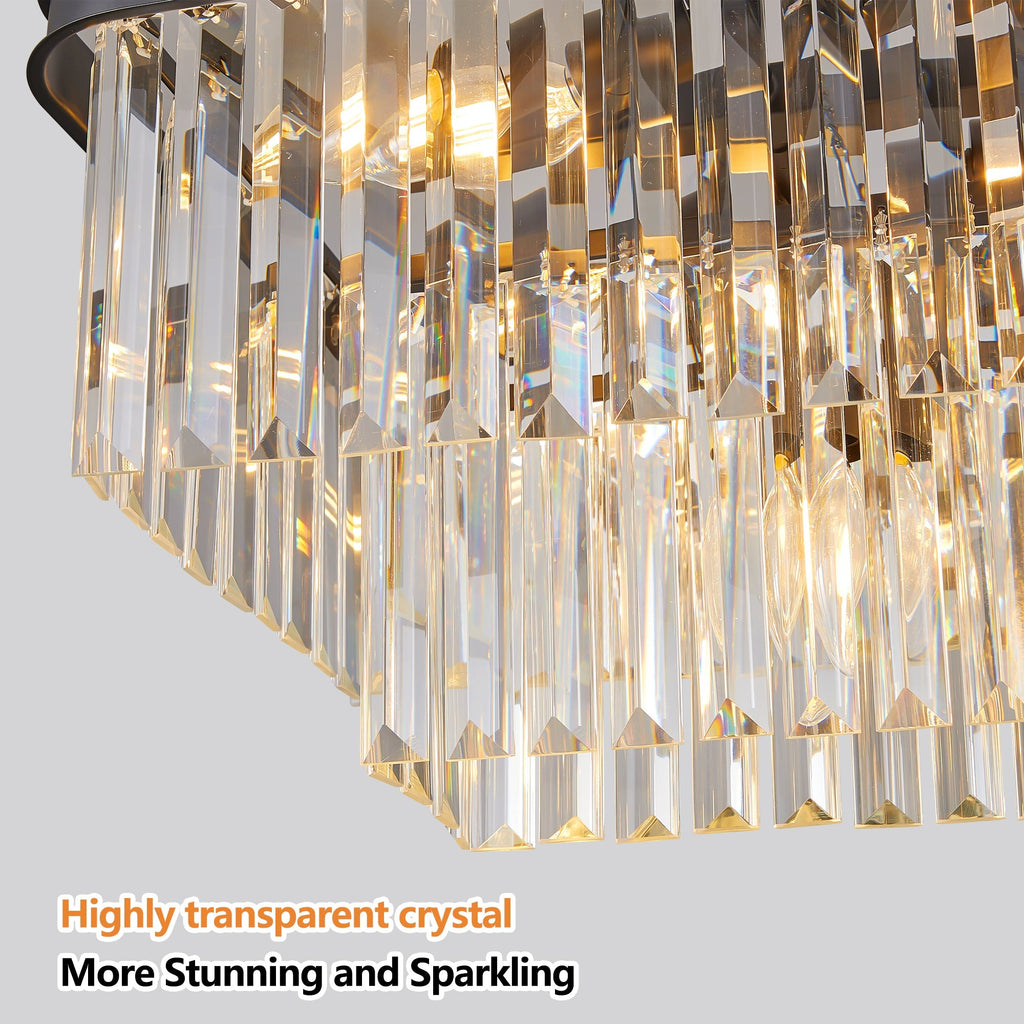 Rectangular Crystal Chandelier with Adjustable Height - Black Iron & Crystal