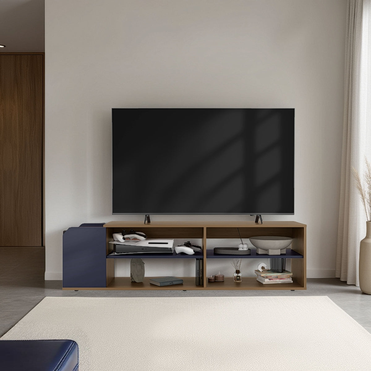 Solene TV Stand with Open Shelves - Modern Storage Solution with Spacious Shelves - Blue and Walnut