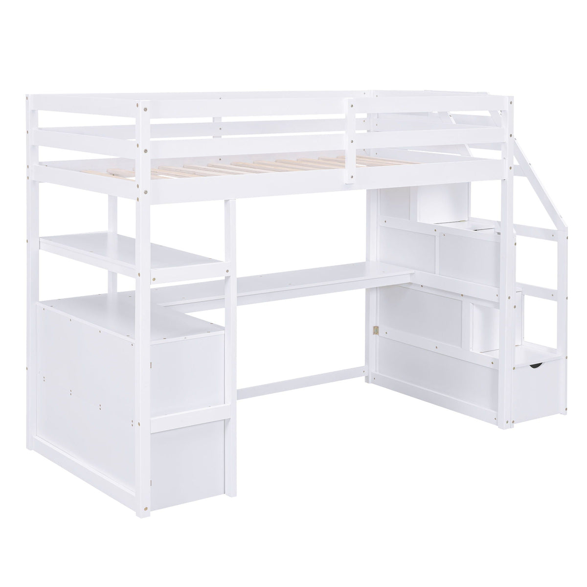 Loft Bed with Desk and Storage Staircase - Full or Twin, White or Gray