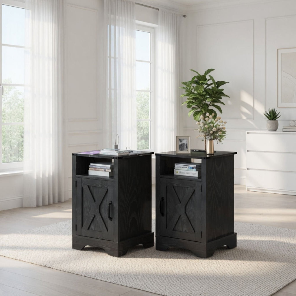 Farmhouse Nightstand with Charging Station & Storage - Multiple Colors