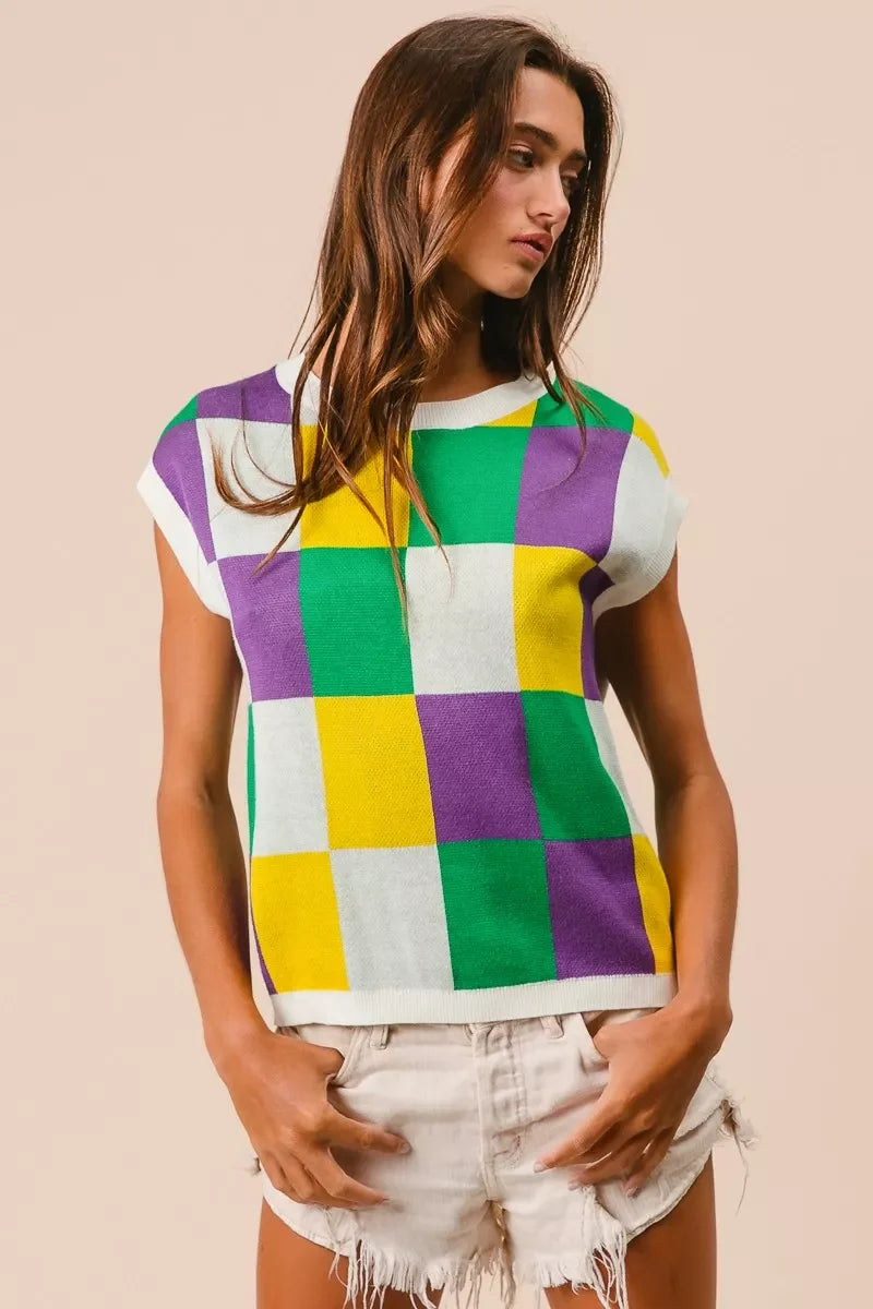 BiBi Mardi Gras Checker Pattern Sleeveless Sweater Top