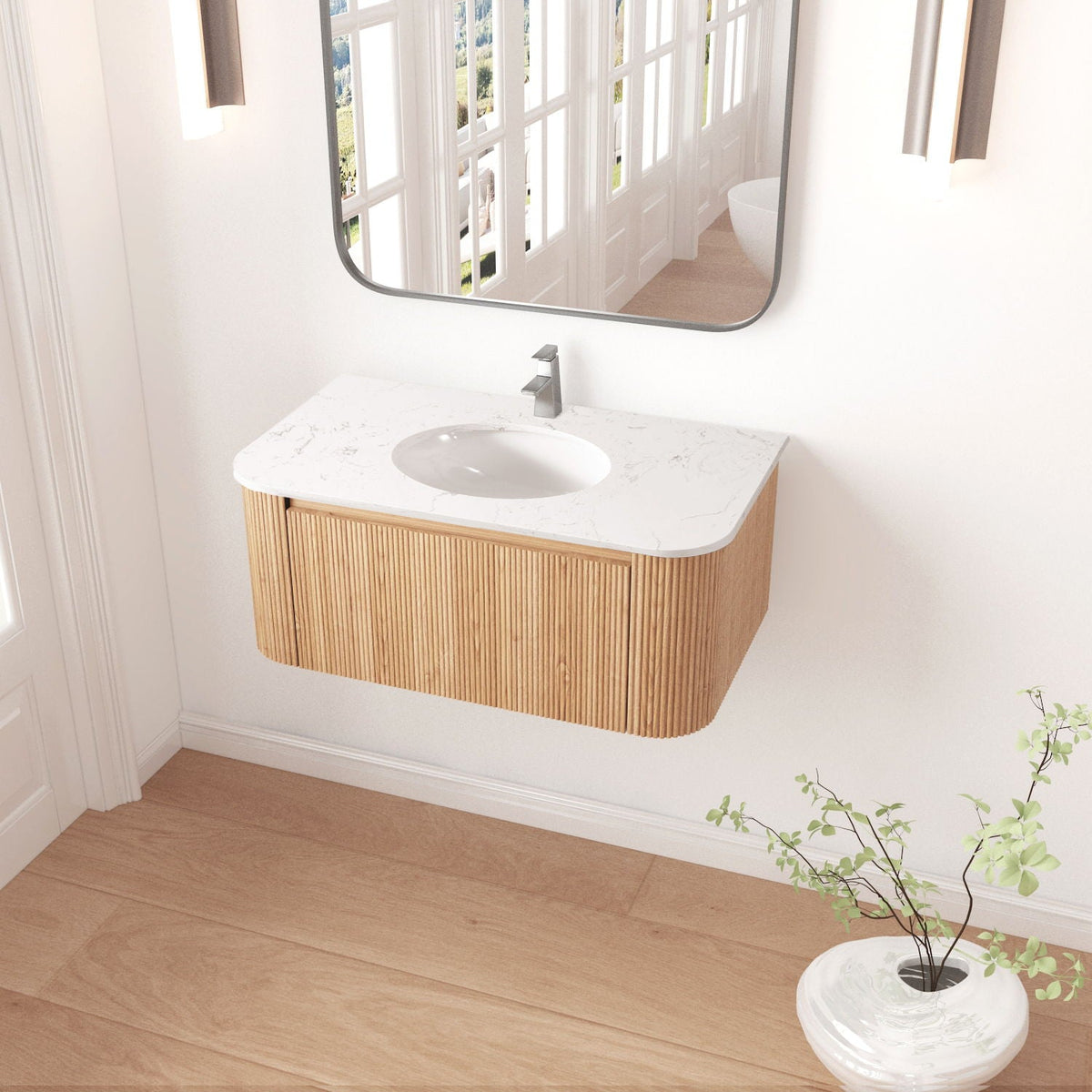 Light Brown Wall Mounted Bathroom Vanity with Sink - Curved Front