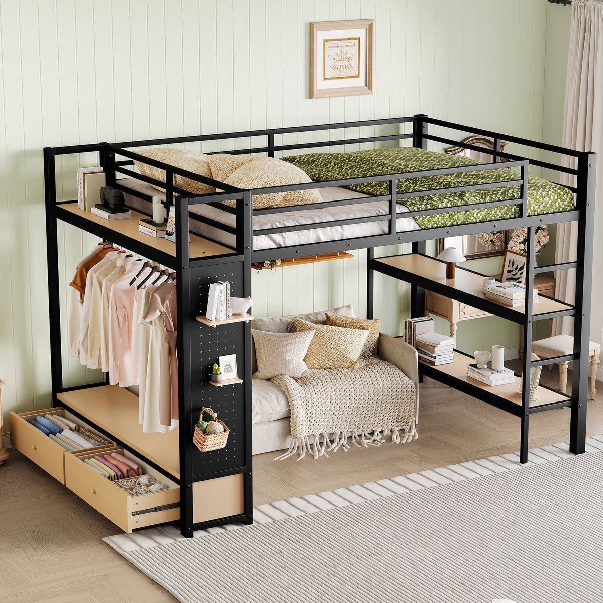Queen Size Metal Loft Bed Frame with Wardrobe & Storage - Black