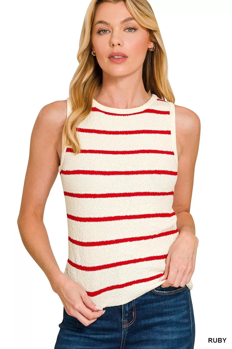 Zenana Round Neck Stripe Knit Tank Top