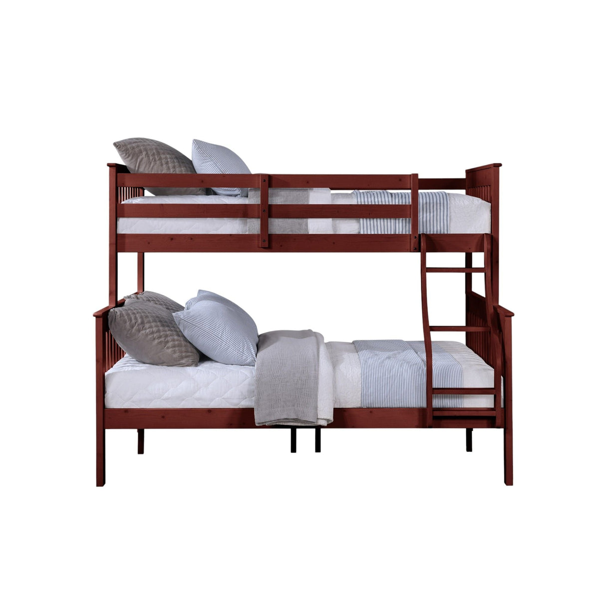 Twin Over Full Bunk Bed with Secure Ladder and Slat System - Dark Red or Gray