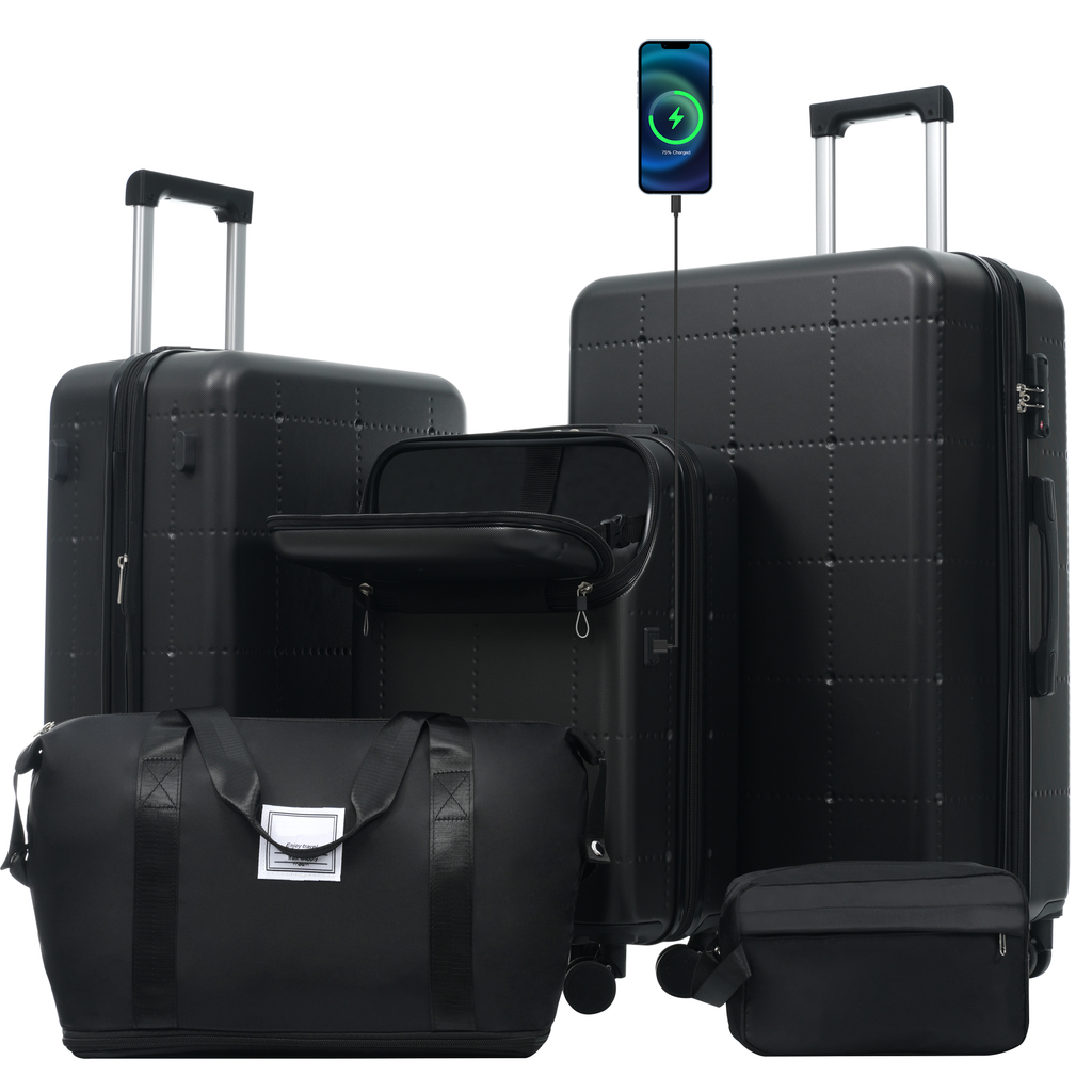 Hardside Luggage Set 5 Piece with USB Port & TSA Lock - Black