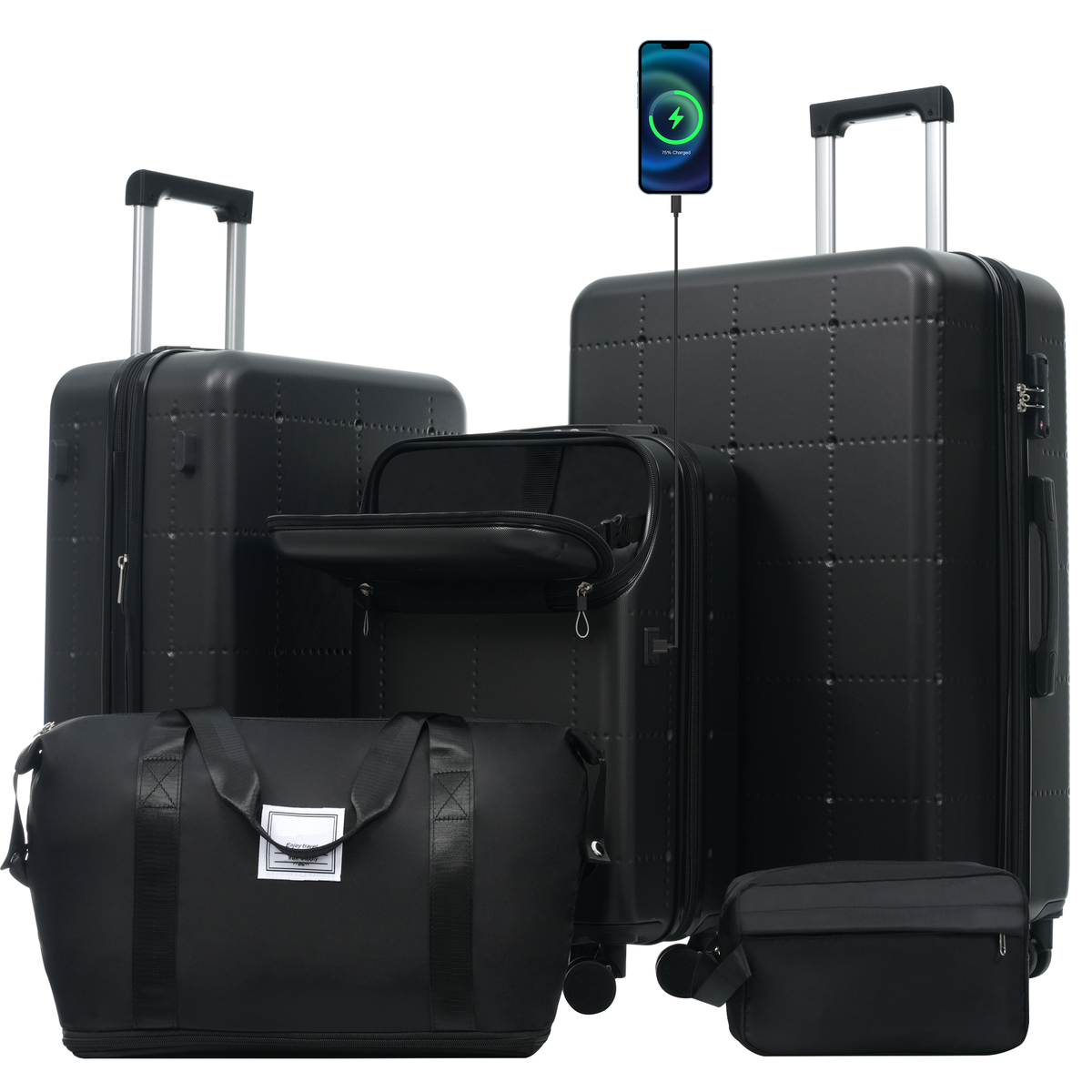 Hardside Luggage Set 5 Piece with USB Port & TSA Lock - Black
