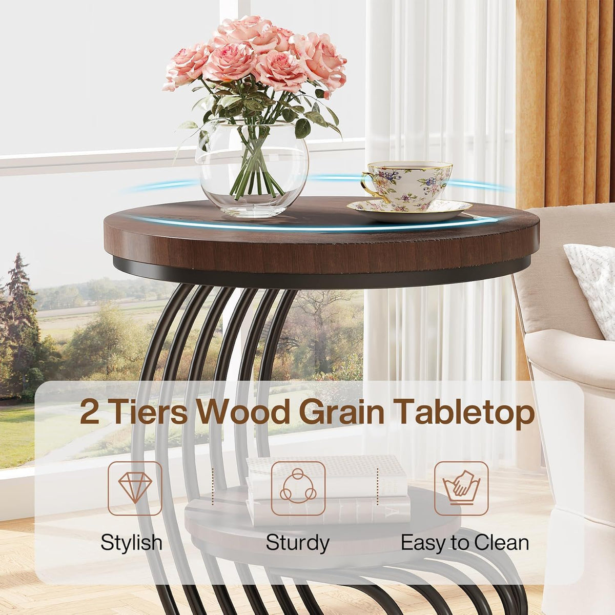 Round Vintage End Table with 2 Tier Storage - Dark Brown, Light Brown, White