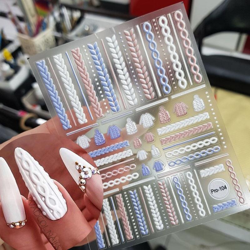 3D Sweater Nail Sticker Acrylic Engraved Winter Nails Design Tip Wraps Decals Slider Decoration Nails Decal Nail Art 3D Acrylic Engraved Nail Sticker Nail Art Decoration Self-Adhesive Nail Art Decoration French Black and White Lace Retro Flower