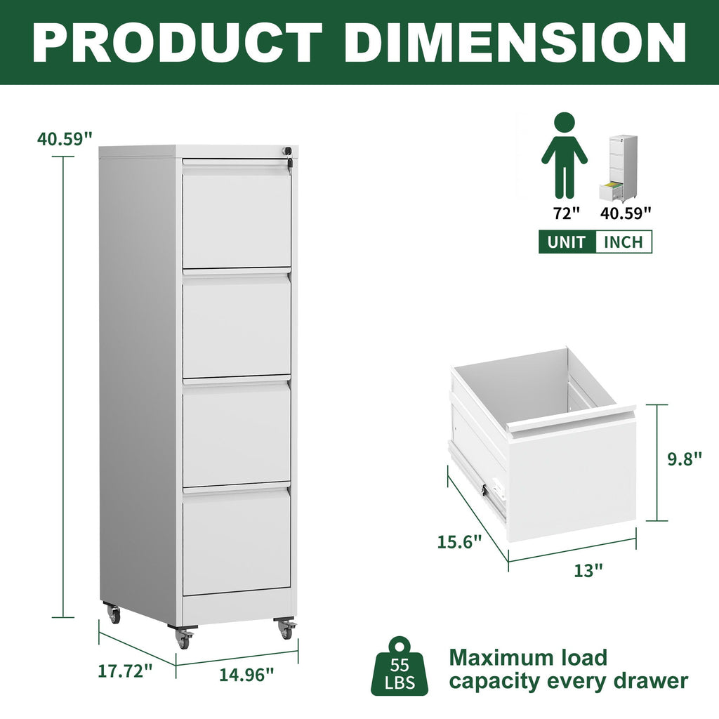 Metal Vertical File Cabinet with Locking Drawers and Wheels - Black or White