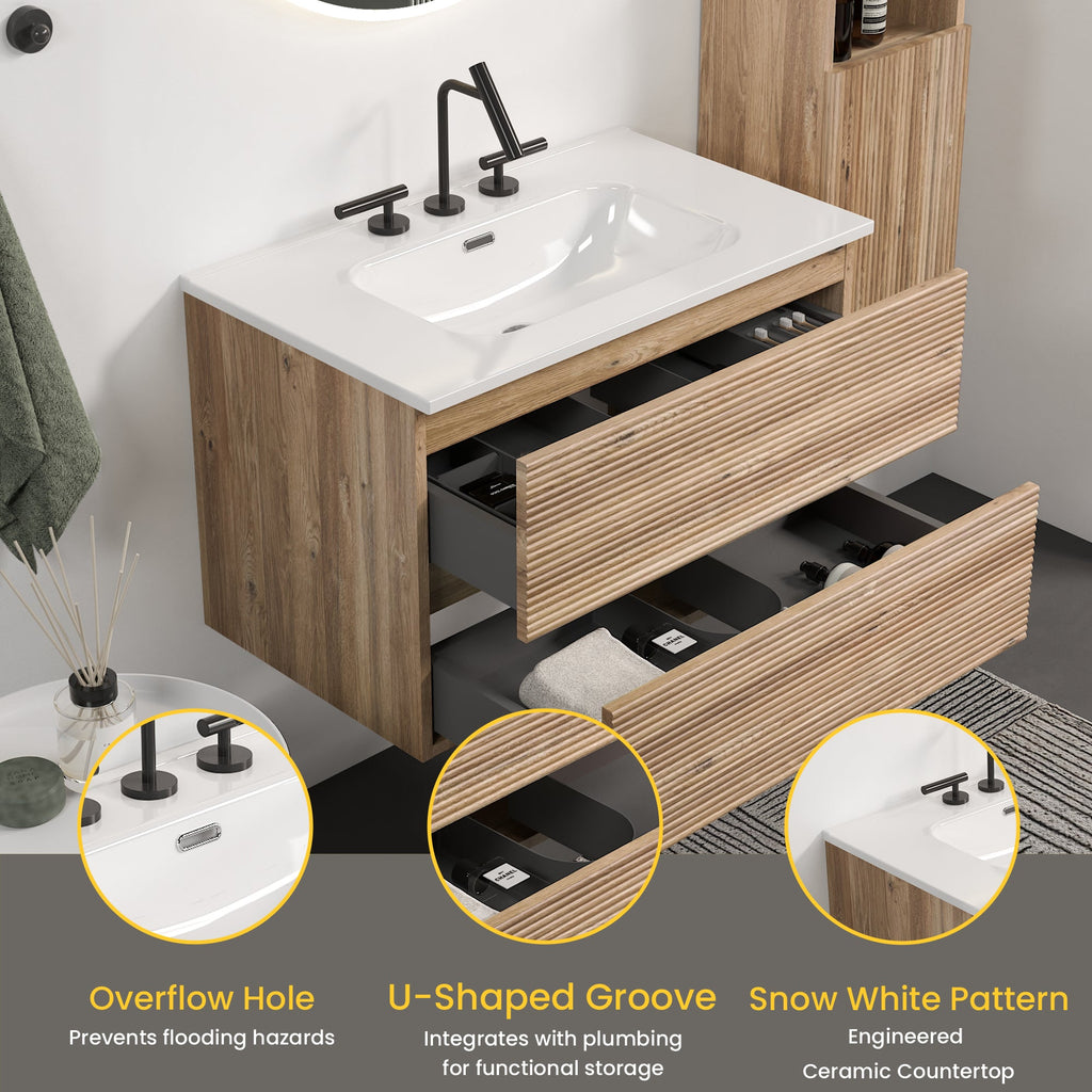Gloria 30" Wall Mounted Bathroom Vanity with Soft-Close Drawers - Rough Oak