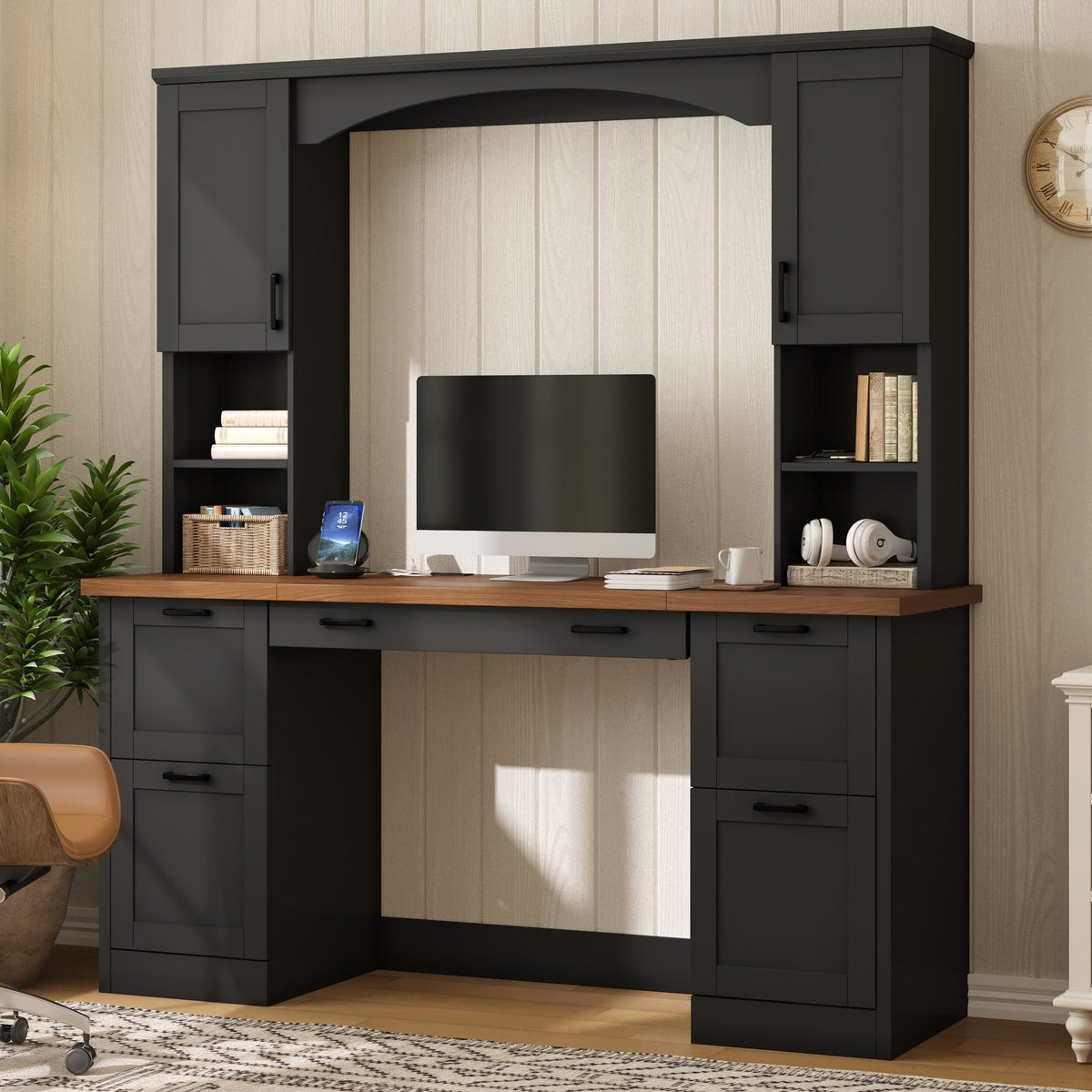 Farmhouse Arched Computer Desk with Hutch - MDF, Walnut & Black