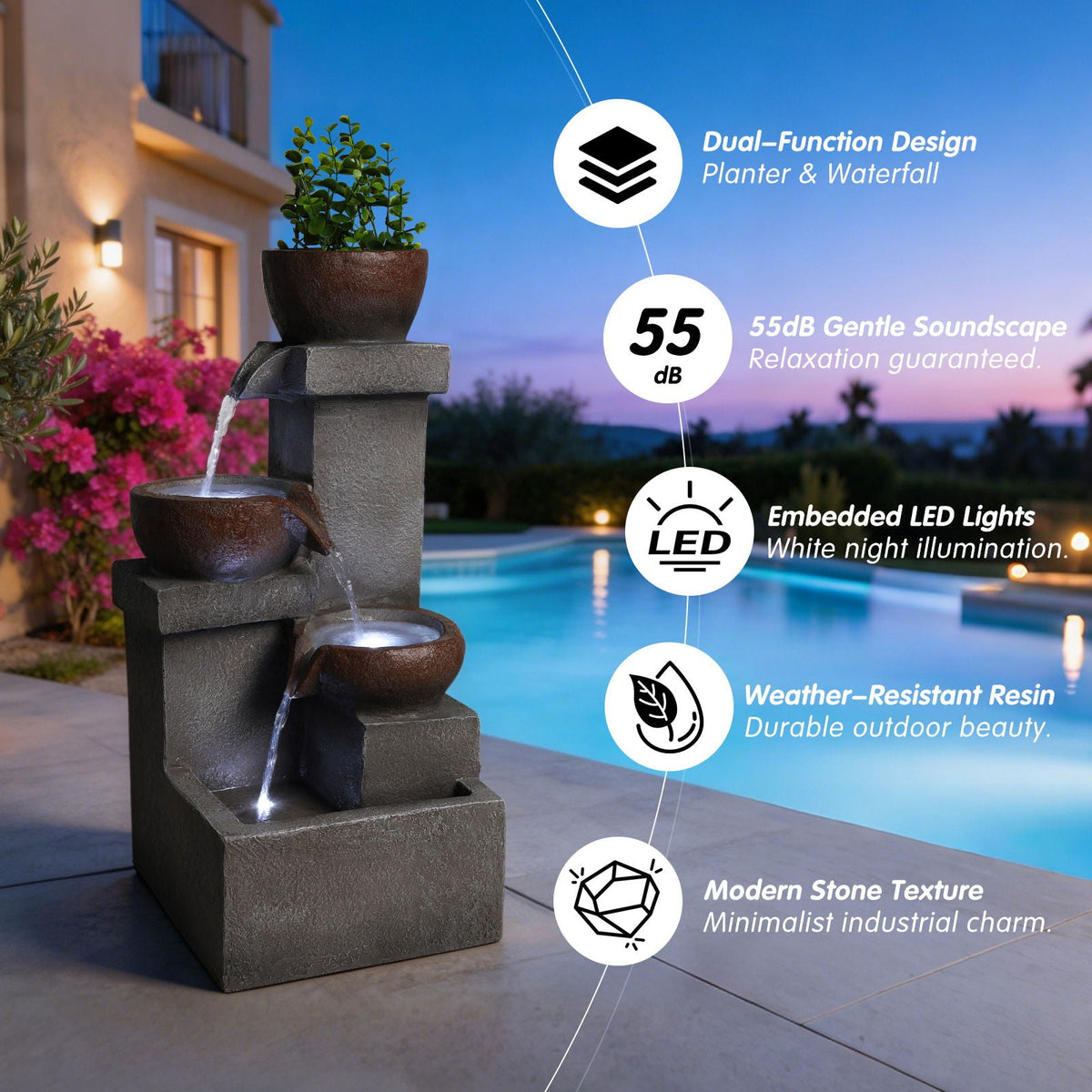 LED Waterfall Fountain Outdoor with LED Lighting - Gray