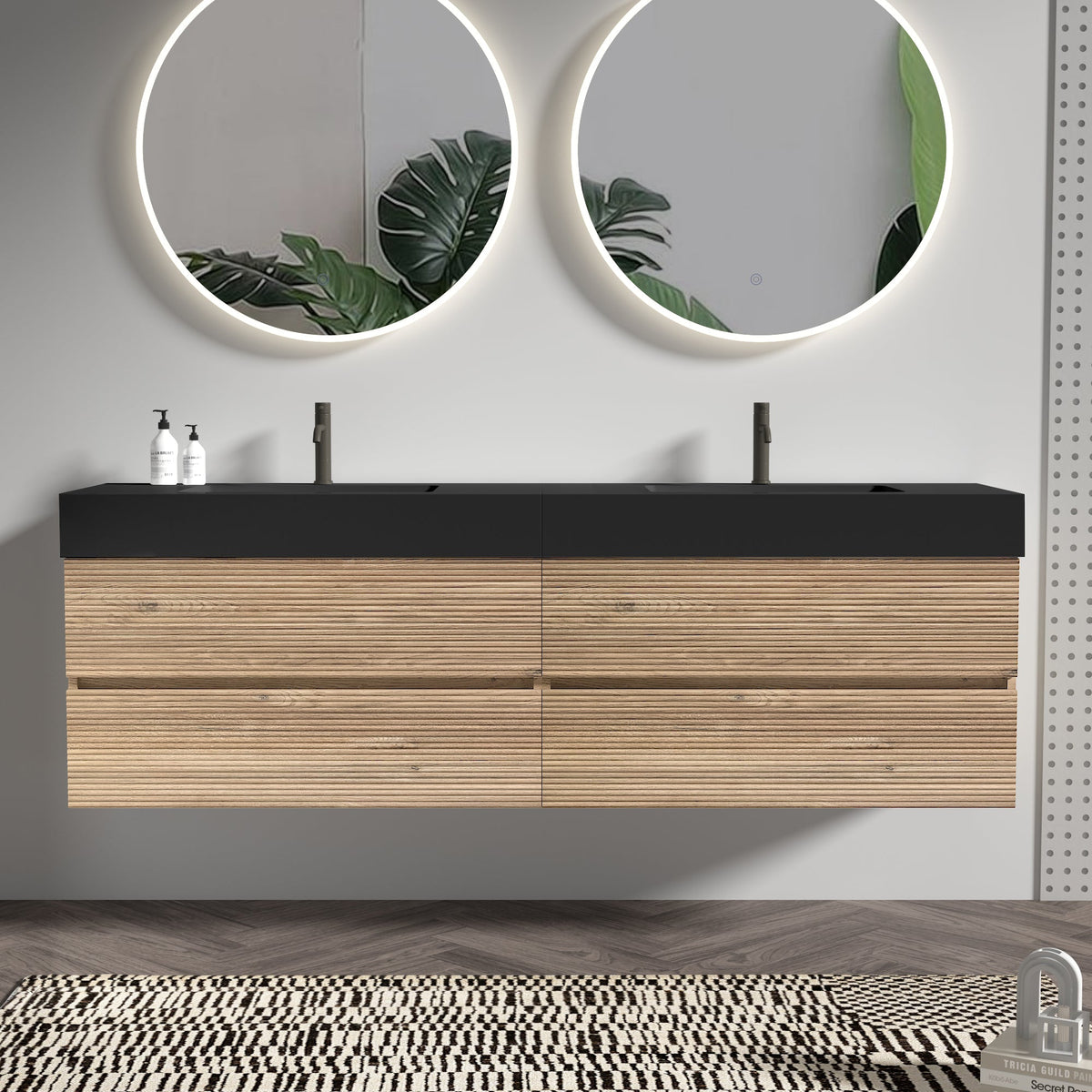 Grace 72'' Bathroom Vanity with Soft-Close Drawers - Walnut/Black