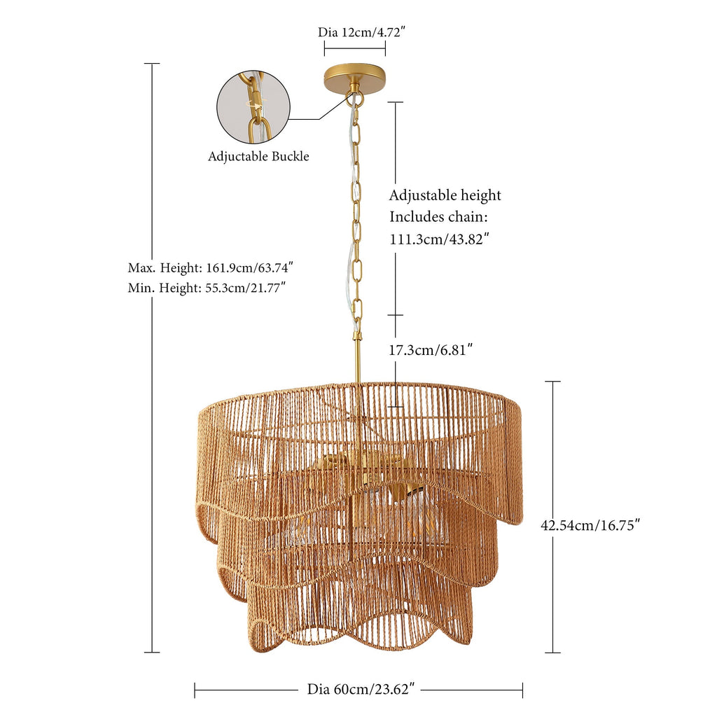 Handwoven Paper Rattan Boho Chandelier with 7-Light E26 Base - Natural