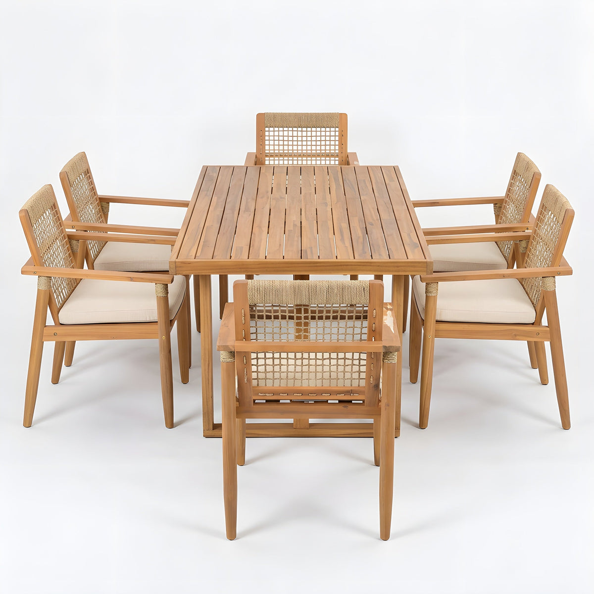 7 Piece Acacia Wood Outdoor Dining Set with Cushions - Teak Finish