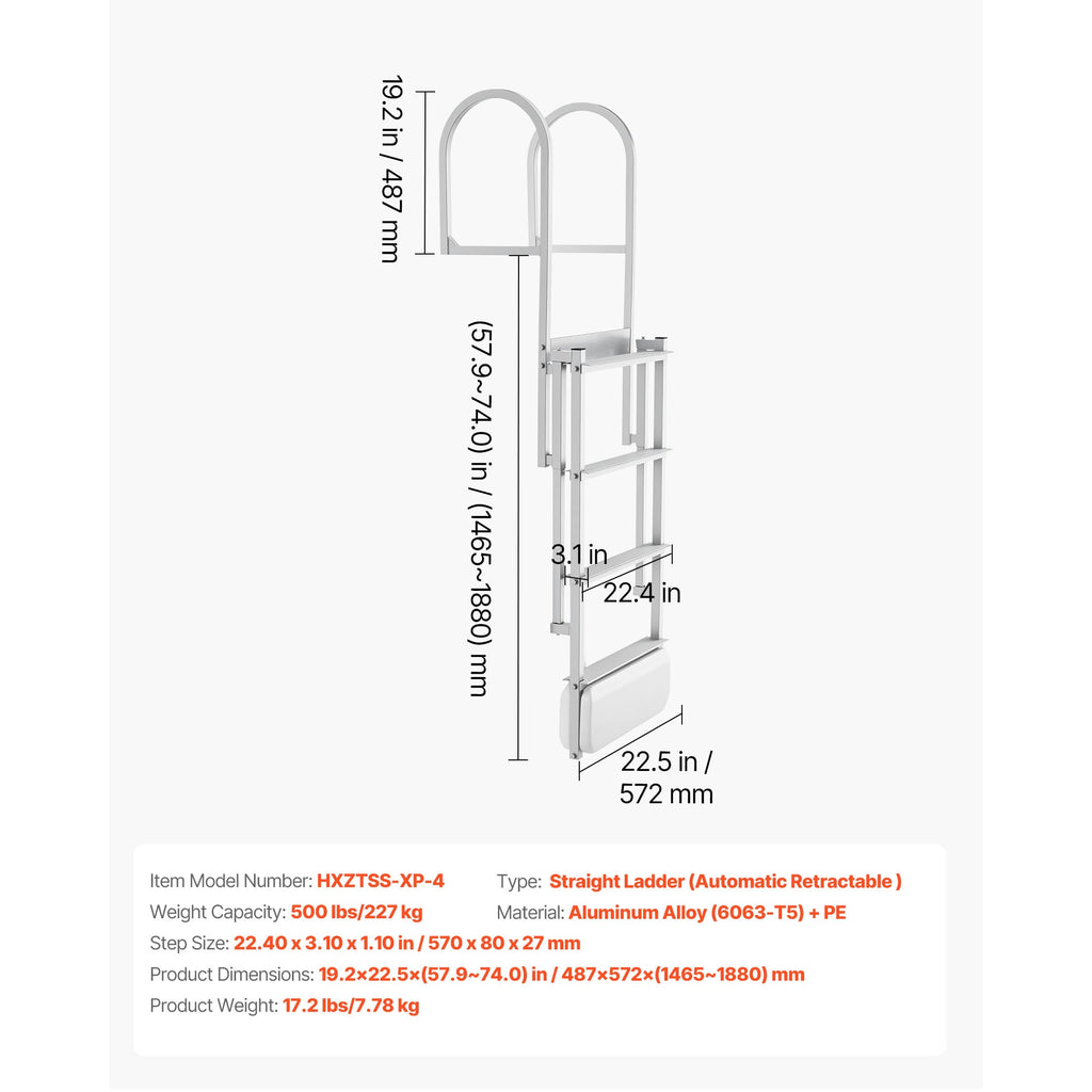 Retractable Dock Ladder with Auto-Lift Float - 4 Steps Aluminum Alloy