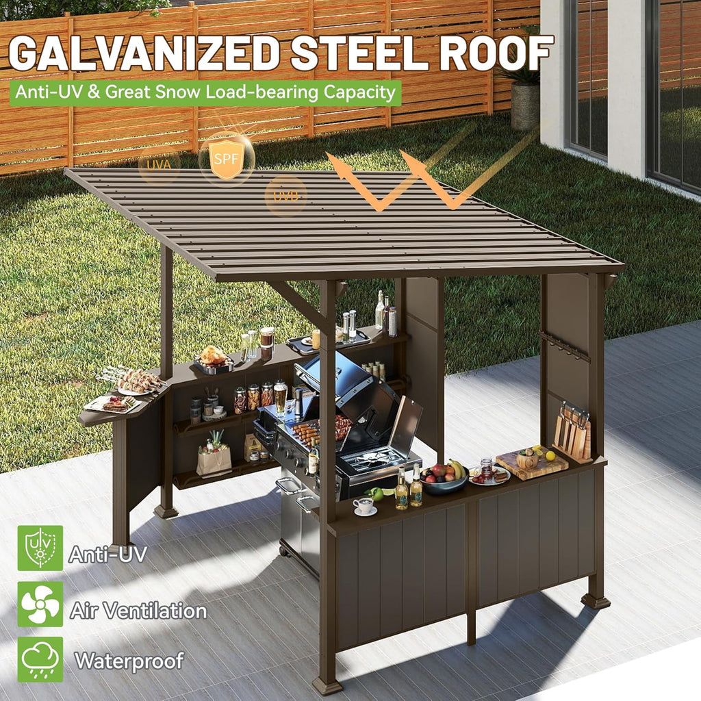 9x10FT Hardtop Grill Gazebo with Storage Shelves - Brown Steel