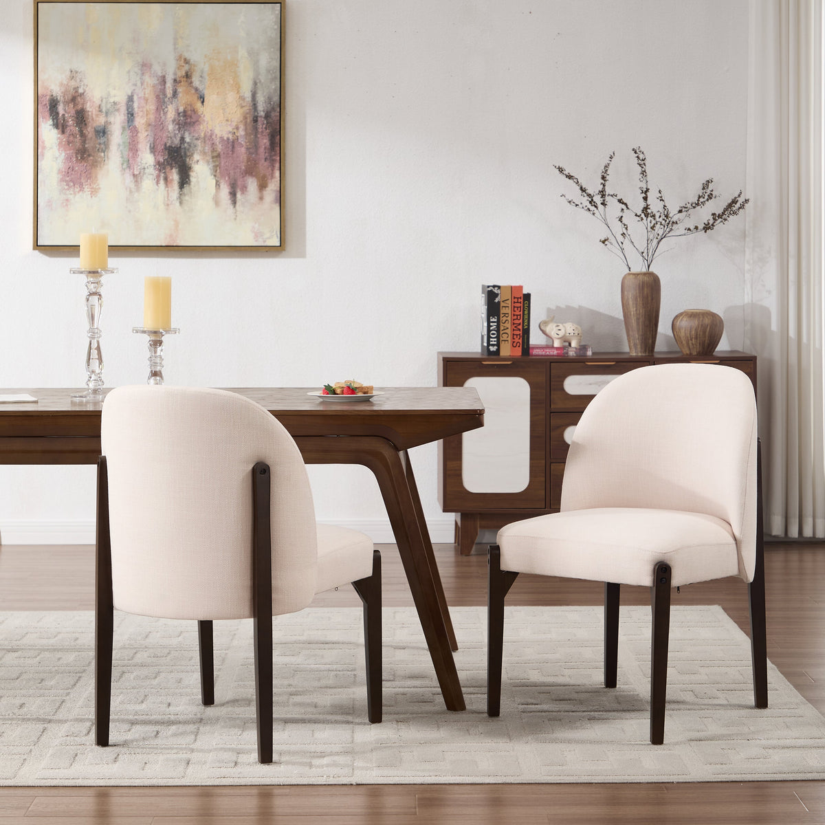 Wooden Dining Chairs Set of 2 with Fabric Upholstery - Beige