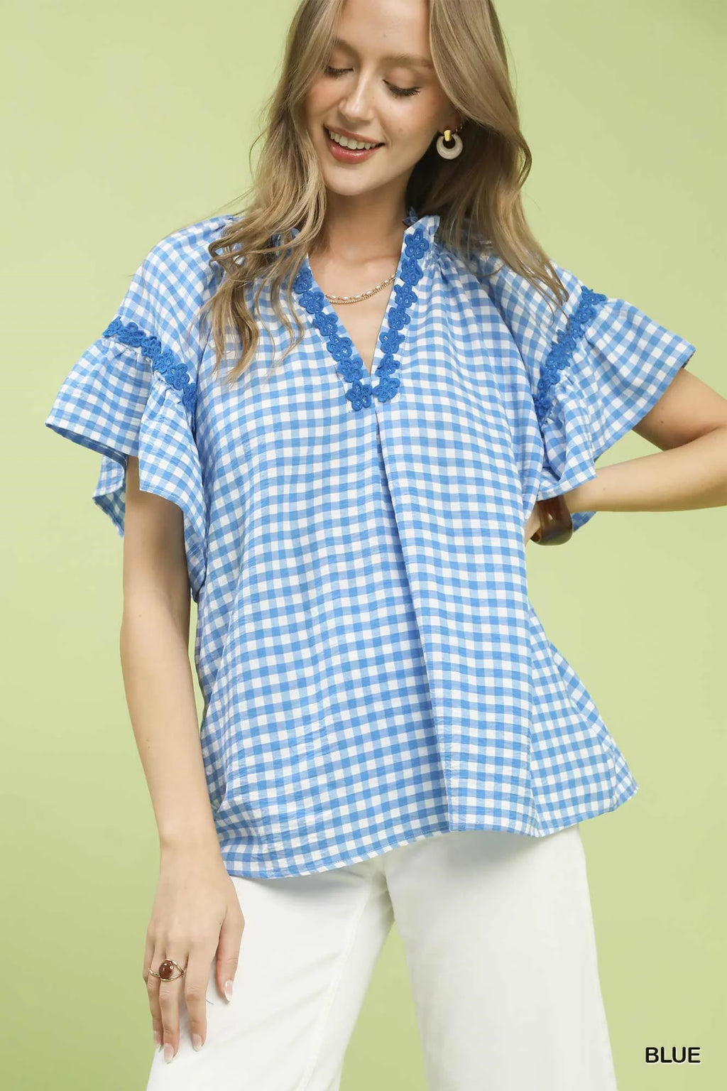 Umgee Gingham Lace Trim Top