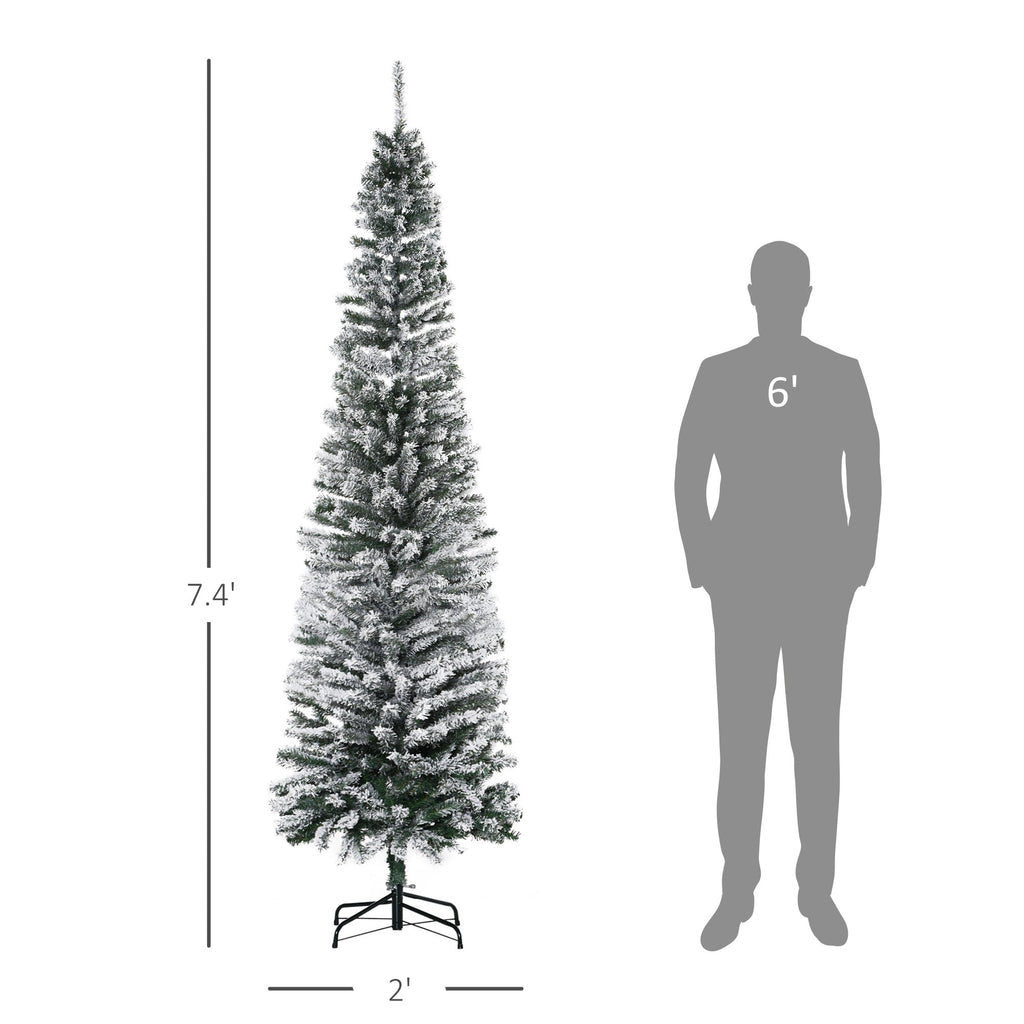 7.5' Tall Slim Artificial Christmas Tree with Snow-Flocked Branches - White